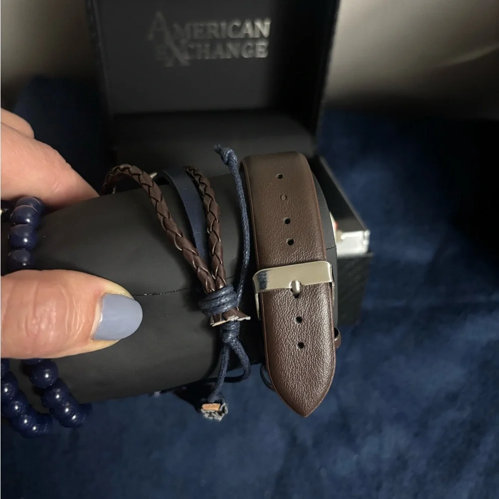 American Exchange Men's Brown Chronograph Watch & 3-pc Stackable Bracelet Set
